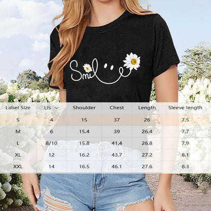 Women's Smile Letter & Sunflower Graphic T-Shirt - Casual Crew Neck Summer Top