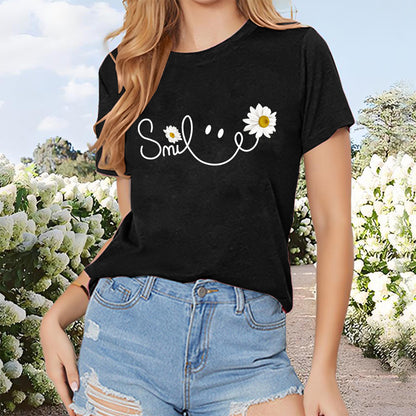 Women's Smile Letter & Sunflower Graphic T-Shirt - Casual Crew Neck Summer Top