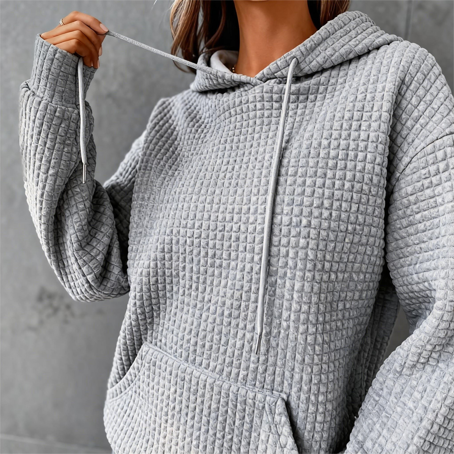 Women's Plaid Pocket Long Sleeve Hoodie – Casual Solid Color Top