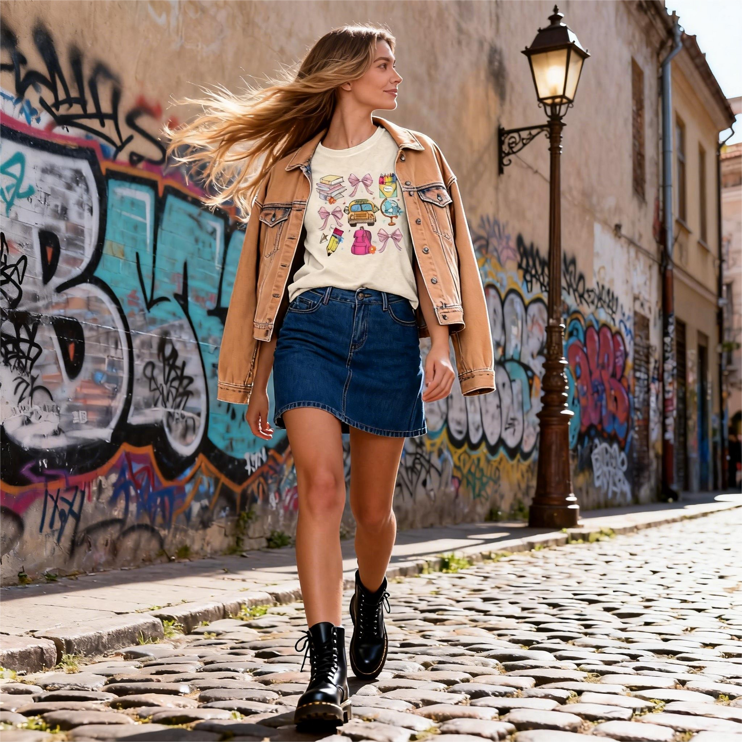 Cute Stationery Print Round Neck T-Shirt - Women's Casual Summer Graphic Tee