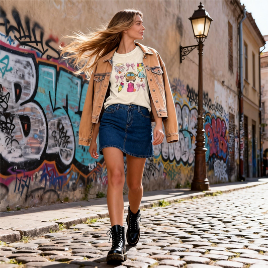 Cute Stationery Print Round Neck T-Shirt - Women's Casual Summer Graphic Tee