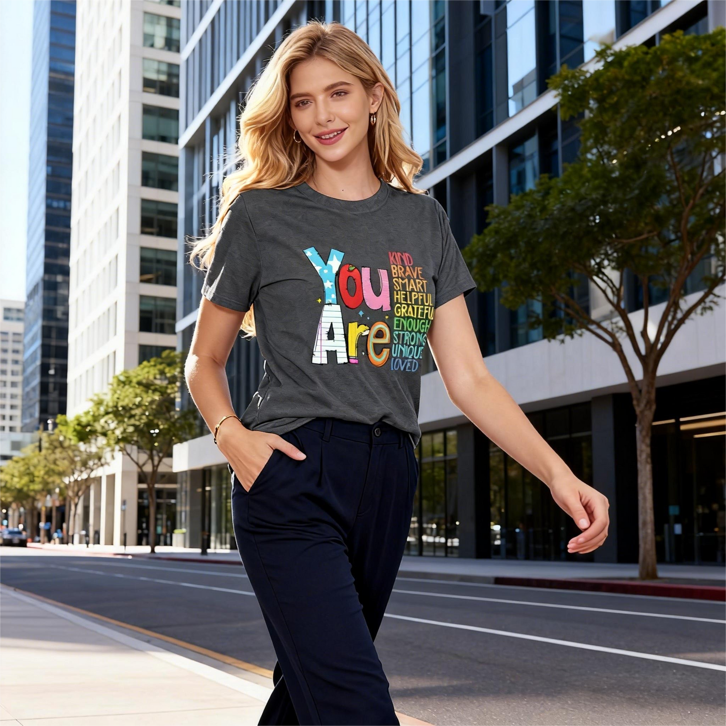 Women's Round Neck Casual Short Sleeve - "You Are" Printed Summer Graphic Tee