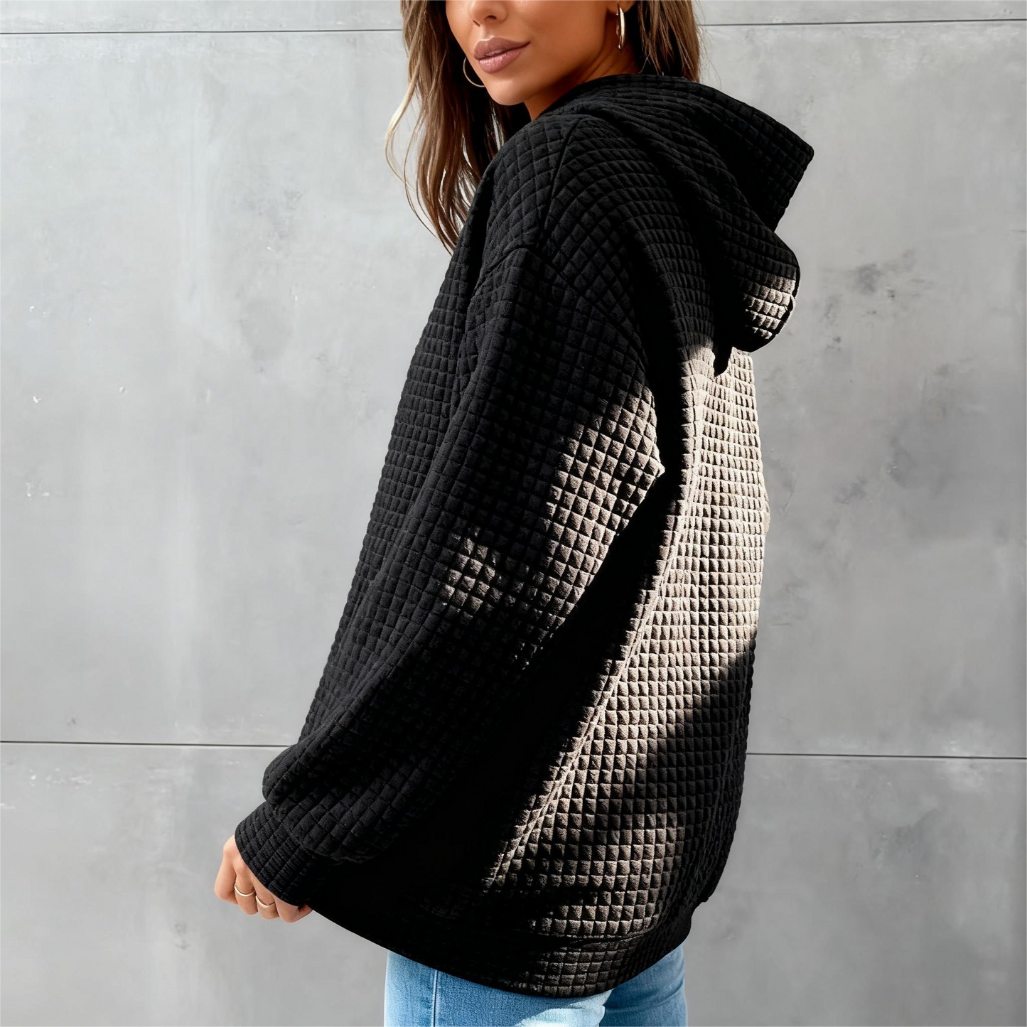 Women's Plaid Pocket Long Sleeve Hoodie – Casual Solid Color Top