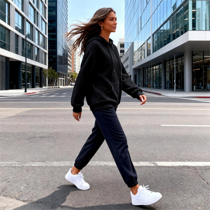 Women's Plaid Pocket Long Sleeve Hoodie – Casual Solid Color Top