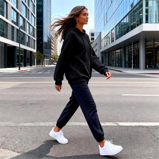 Women's Plaid Pocket Long Sleeve Hoodie – Casual Solid Color Top