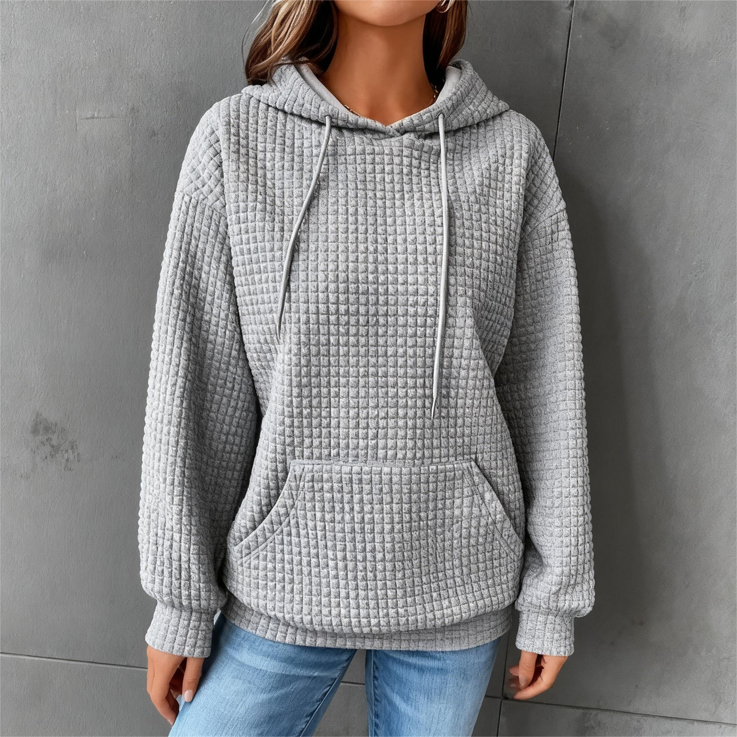 Women's Plaid Pocket Long Sleeve Hoodie – Casual Solid Color Top